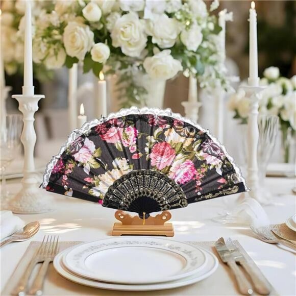 Elegant Floral Lace Folding Hand Fan – 6 Pieces Black with Colorful Roses - Picture 3 of 5